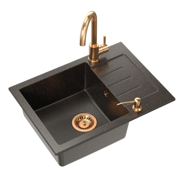 Quadri Kendal Set with Kitchen Faucet, Liquid Dispenser, and Granite Anthracite Copper-Colored Sink 60x44 cm with Draining Area and Copper Plug and Overflow - 1208967841