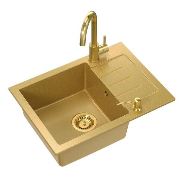 Quadri Kendal Set with Kitchen Faucet, Liquid Dispenser, and Granite Gold-Colored Sink 60x44 cm with Draining Area and Gold Plug and Overflow - 1208967842