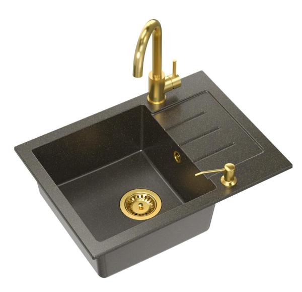 Quadri Kendal Set with Kitchen Faucet, Liquid Soap Dispenser, and Granite Anthracite Gold-colored Sink 60x44 cm with Draining Area and Gold Plug and Overflow - 1208967843