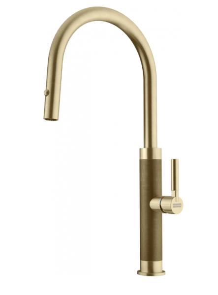 Franke Mythos Masterpiece Kitchen Faucet Gold with J-Spout and Pull-Out Spray - 115.0711.558