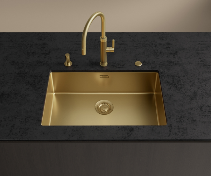 Franke Mythos Masterpiece Kitchen Faucet Gold with J-Spout and Pull-Out Spray - 115.0711.558