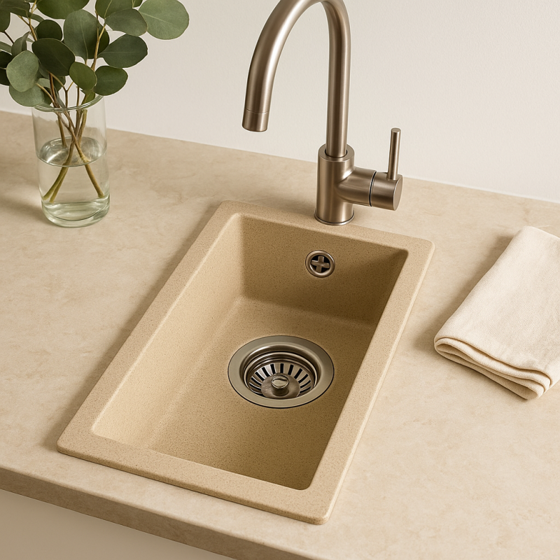 GraniteMy Universal granite beige sand small sink 17x40 cm top-mount, under-mount, and flush-mount with stainless steel plug 1208968002