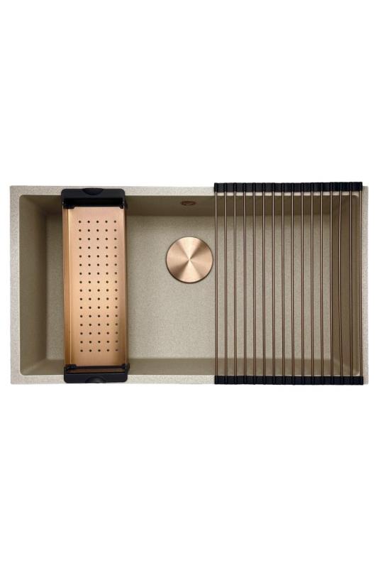 GraniteMy Universal granite beige sand sink 74x40 cm surface-mounted, under-mounted, and flush-mounted with copper plug 1208968019