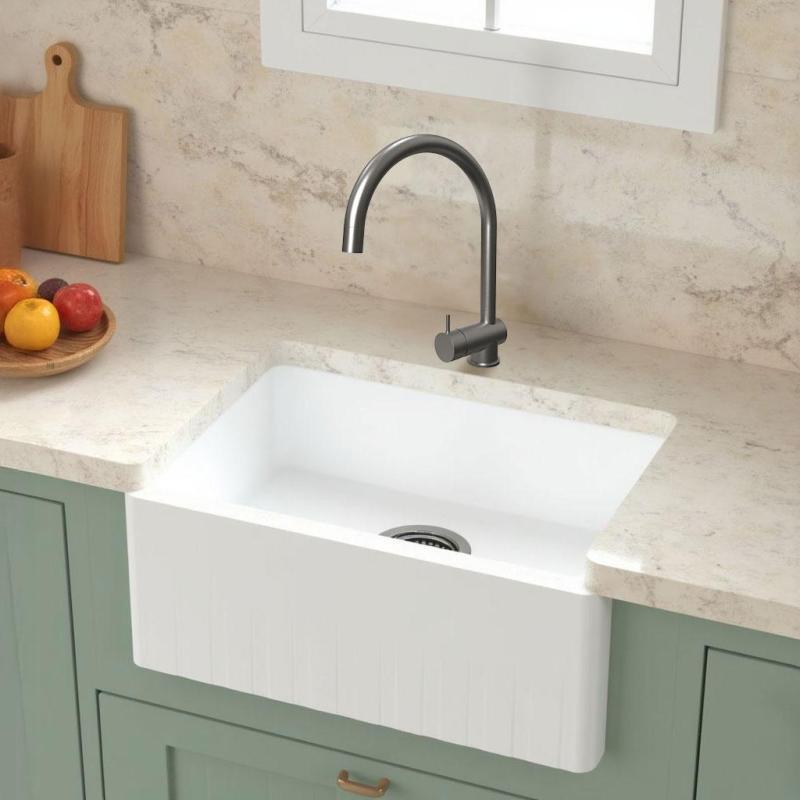 GraniteMy Tradition Country Sink - 2-Sided Granite Basin 60x48 cm White undermount with Gun Metal Plug 1208968028