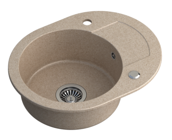 Quadri London Beige Sand Granite Round Sink with Draining Board and Stainless Steel Plug 585x460mm Reversible - 1208969495