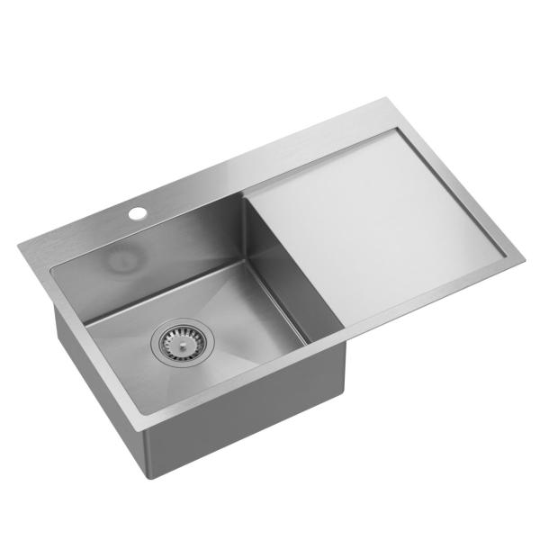 Aquadesign Clara Sink Stainless Steel with Left Side Bowl 78x48cm Top Mount or Flush Mount with Draining Rack, Tap Hole Bank, and Stainless Steel Plug - 1208969497