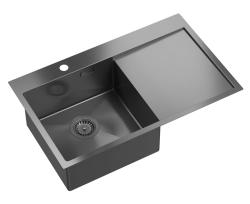 Aquadesign Clara Sink Gun Metal 78x48cm Surface-Mounted or Flush-Mounted with Draining Rack, Tap Hole Bank, and Gun Metal Plug - 1208969498