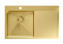 Aquadesign Clara Sink Gold 78x48cm Drop-In or Flush-Mounted with Draining Rack, Faucet Deck, and Gold Plug - 1208969499