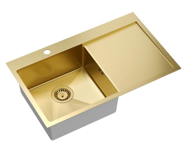 Aquadesign Clara Sink Gold 78x48cm Drop-In or Flush-Mounted with Draining Rack, Faucet Deck, and Gold Plug - 1208969499