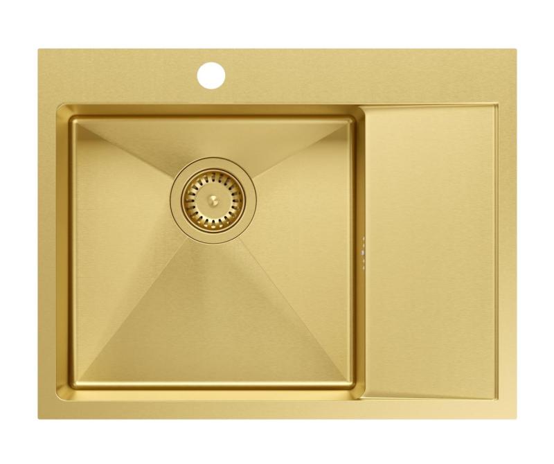 Aquadesign Clara Sink Gold 62x48cm Surface Mount or Flush Mount with Drainer, Tap Hole and Gold Plug - 1208969502