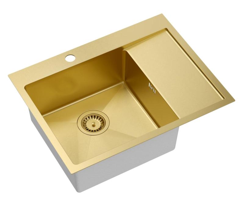 Aquadesign Clara Sink Gold 62x48cm Surface Mount or Flush Mount with Drainer, Tap Hole and Gold Plug - 1208969502