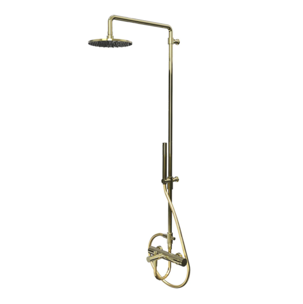 Waterevolution Flow thermostatic three-way shower mixer with 250mm overhead shower and round handheld shower in light gold T131TNR25WGE