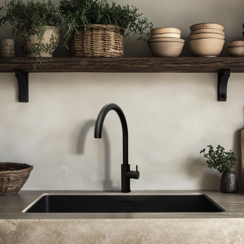 Waterevolution Flow kitchen faucet with round swivel spout black T158UPR