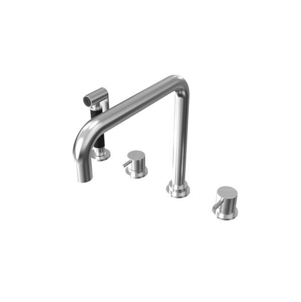 Waterevolution Flow 4-hole angled kitchen mixer tap with pull-out spray stainless steel T153HIE