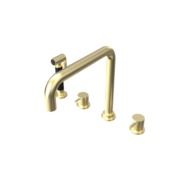 Waterevolution Flow 4-hole angled kitchen faucet with pull-out spray brass T153HLE