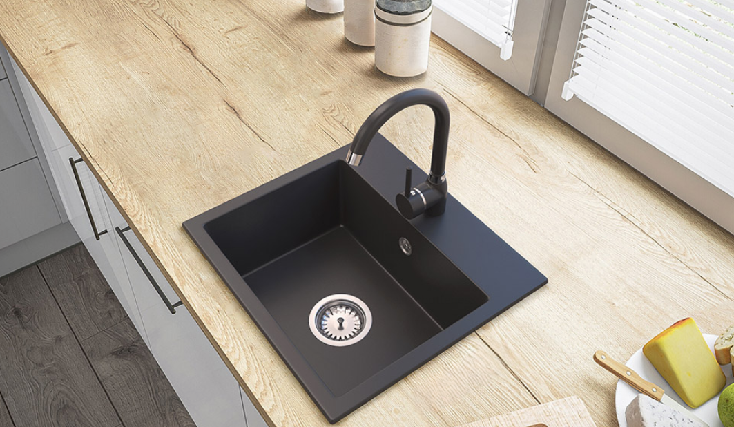 Graniteland Nera Granite Sink 45x42 cm Black Surface-mounted with Tap Hole Deck and Stainless Steel Plug 1208969985