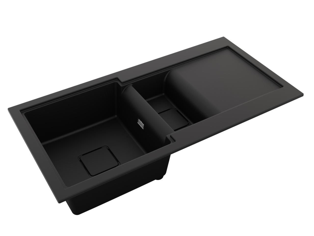 GraniteMy Zafiri Black Granite Top-Mount 1.5 Bowl Sink 100x50 cm with Draining Board, Reversible, with Black Square Drain Cap 1208969998