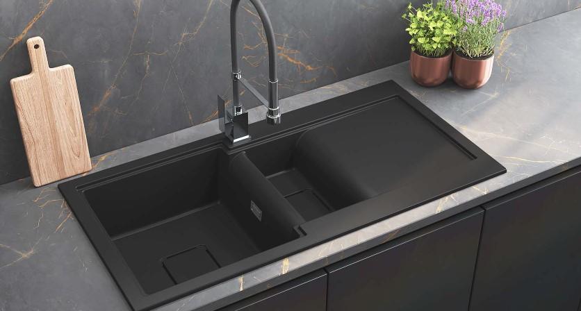 GraniteMy Zafiri Black Granite Top-Mount 1.5 Bowl Sink 100x50 cm with Draining Board, Reversible, with Black Square Drain Cap 1208969998