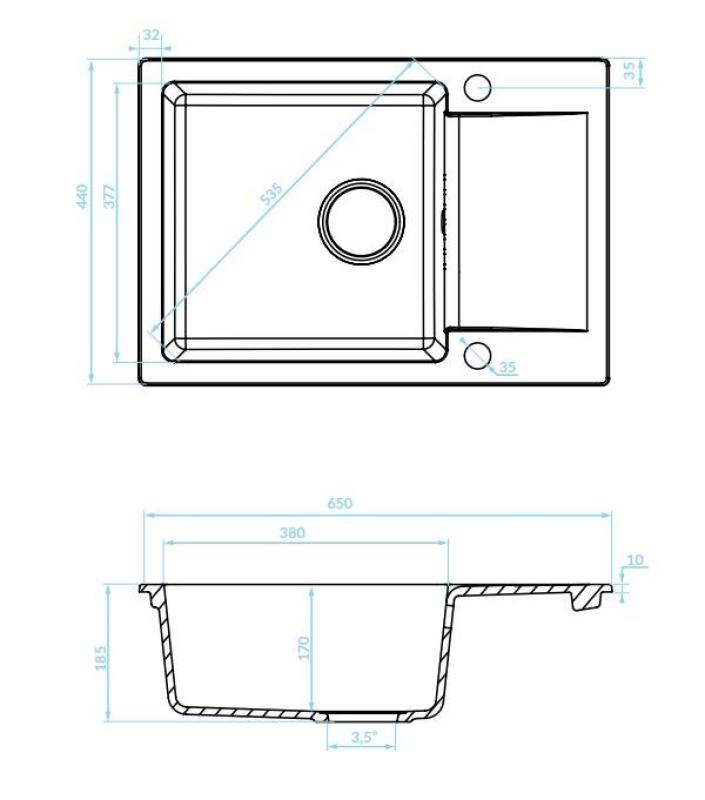Aquadesign Kensley Granite Countertop Sink Anthracite with Small Draining Area 65 x 44 cm 1208970085
