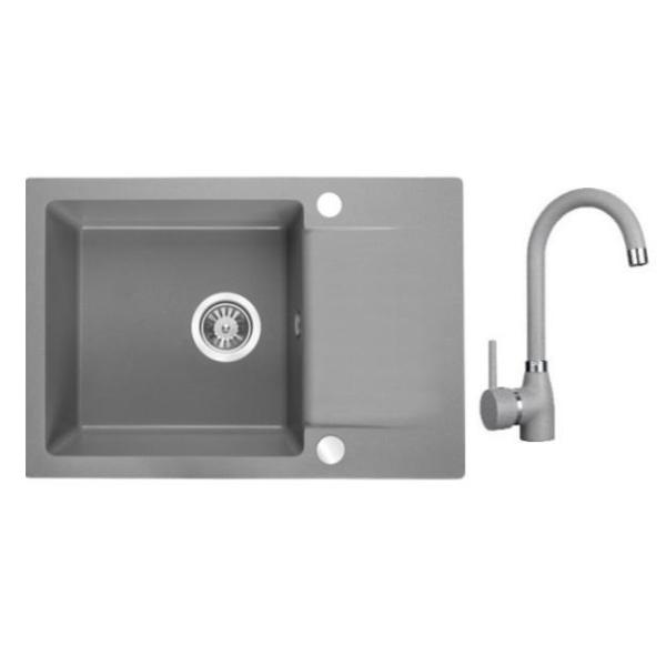 Aquadesign Kensley Set - Granite Countertop Sink Grey with Small Draining Area and Kitchen Faucet, 65 x 44 cm 1208970086