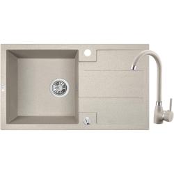 Aquadesign Hartwell Set - Granite Top-Mount Sink Beige Sand with Draining Area and Kitchen Faucet, 76 x 44 cm - 1208970088