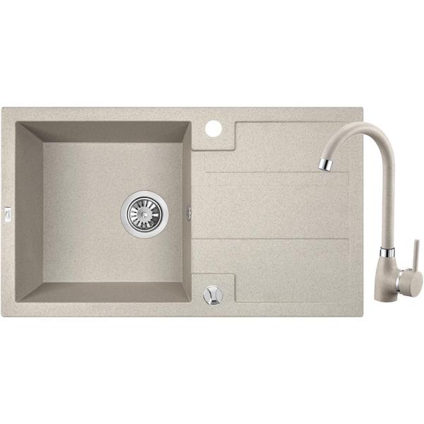 Aquadesign Hartwell Set - Granite Top-Mount Sink Beige Sand with Draining Area and Kitchen Faucet, 76 x 44 cm - 1208970088