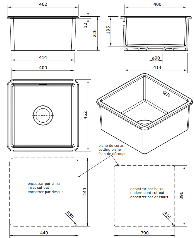 Ausmann Ceramic Ember Ceramic White Square Sink Top-Mount and Undermount 40 x 40 cm 1208970094