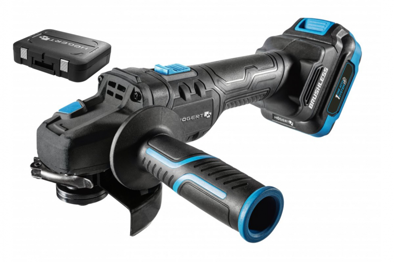 HÖGERT Kabelloser Winkelschleifer mit Paddelschalter, 125MM, 18V, Set mit Akku, Ladegerät, Zubehör