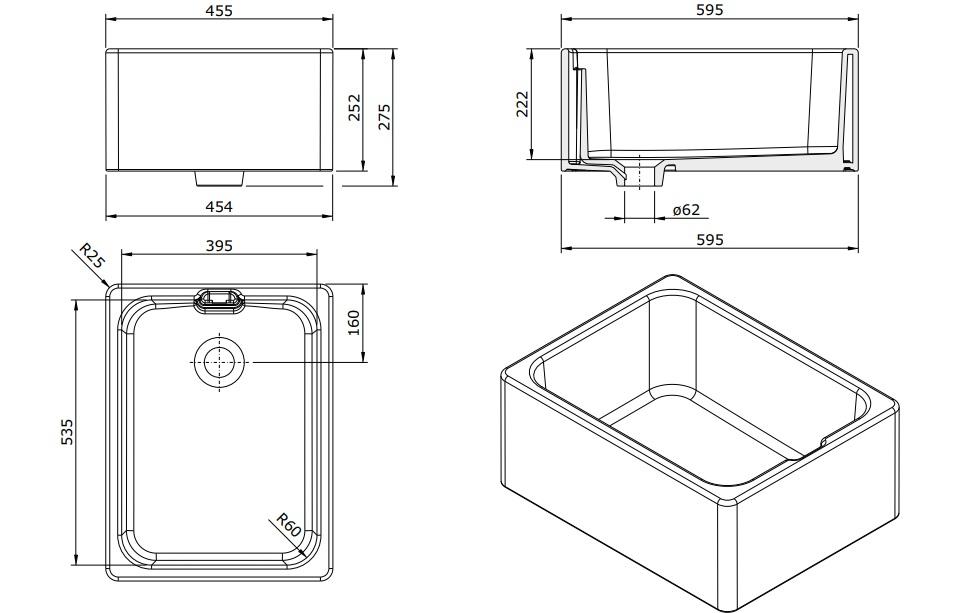 Ausmann Ceramic Haven Ceramic White Sink - Top-mount, Undermount, and Inset 595 x 455 mm 1208970513