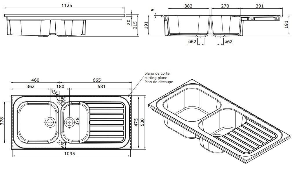 Ausmann Ceramic Blush Ceramic Double White Sink Topmount with Draining Area 1125 x 500 mm 1208970514