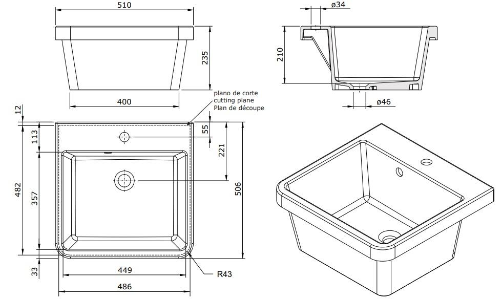 Ausmann Ceramic Frost Ceramic White Sink - Countertop 510 x 506 mm with Tap Hole Platform 1208970516