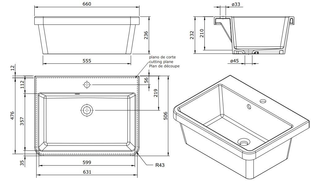 Ausmann Ceramic Frost Ceramic White Sink - Countertop 660 x 506 mm with Tap Hole Platform 1208970517