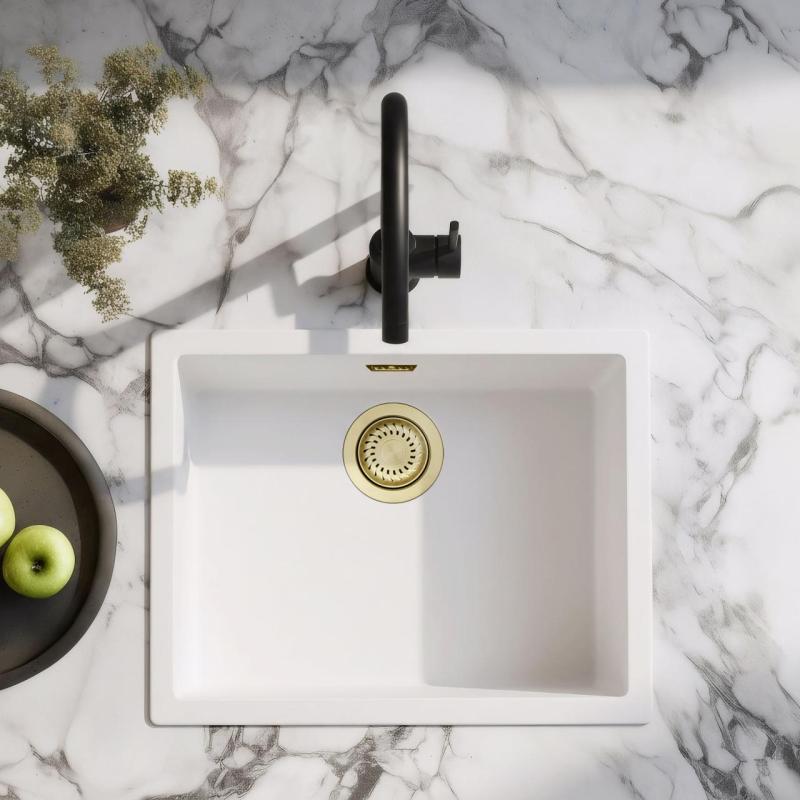 White Sink 50x40 cm Undermount, Topmount, and Flushmount with Gold Plug 1208970532
