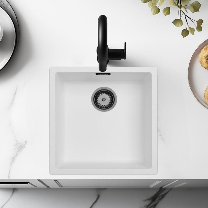 White Sink 40x40 cm Undermount, Top-mount, and Flush-mount with Gun Metal Plug 1208970534