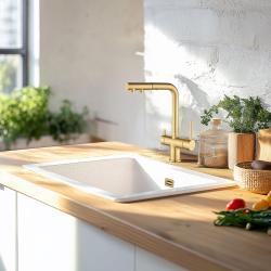 White Sink 40x40 cm Undermount, Countertop and Flush Mount with Gold Drain Plug 1208970537