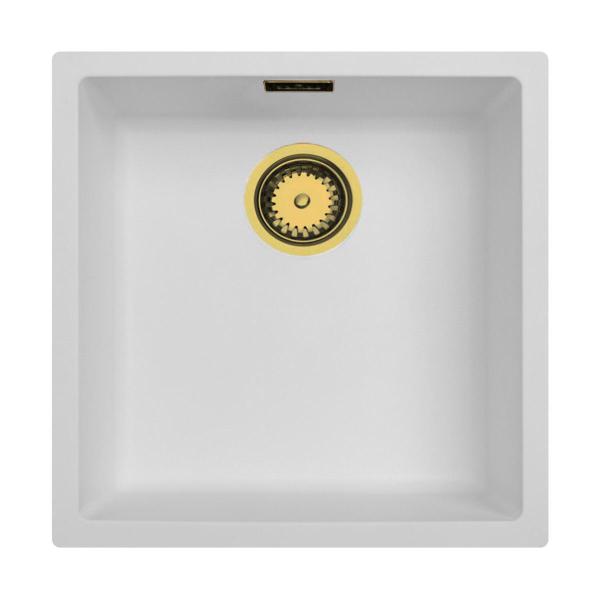 White Sink 40x40 cm Undermount, Countertop and Flush Mount with Gold Drain Plug 1208970537