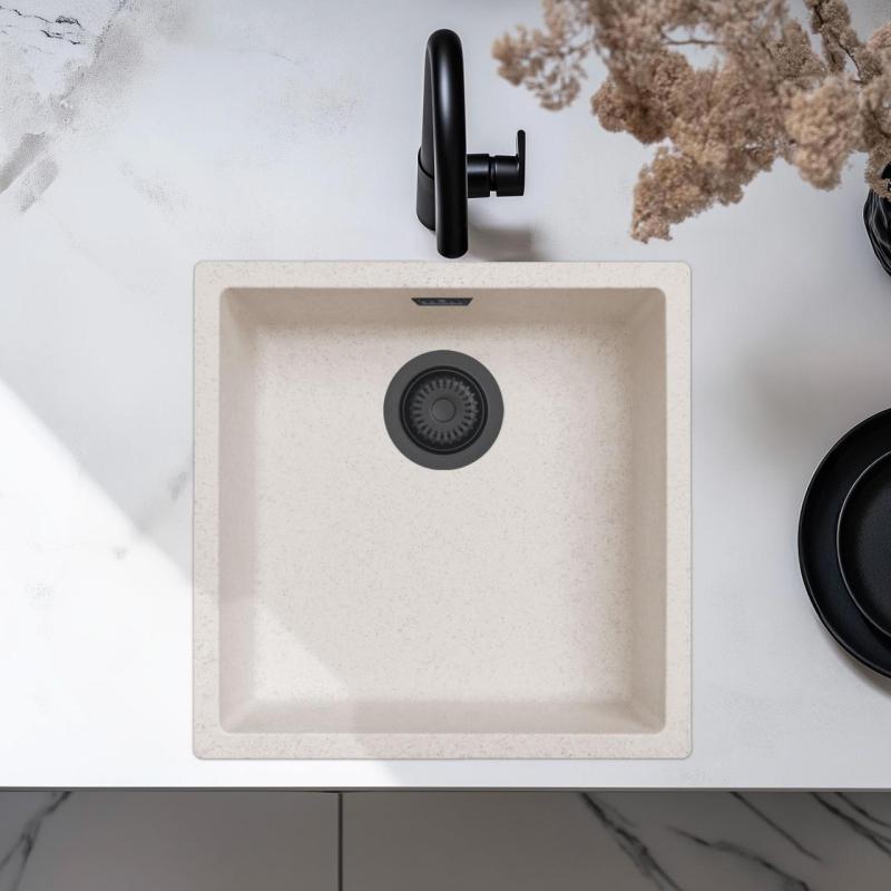 Sand White Cream Sink 40x40 cm Undermount, Topmount and Flushmount with Matte Black Plug 1208970540