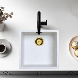 Sand White Cream Sink 40x40 cm Undermount, Above Counter, and Flush Mount with Gold Plug 1208970542