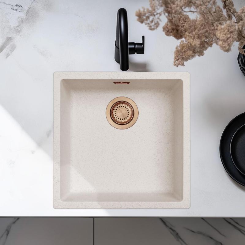 Sand White Cream Sink 40x40 cm Undermount, Topmount and Flushmount with Copper Plug 1208970543