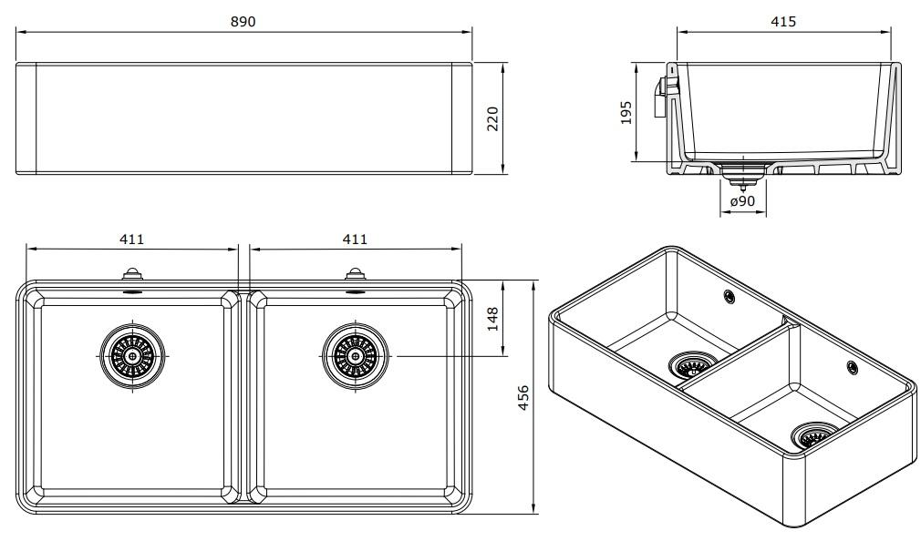 Ausmann Ceramic Mira Ceramic White Double Sink - Undermount and Drop-In 890 x 456 mm 1208970549