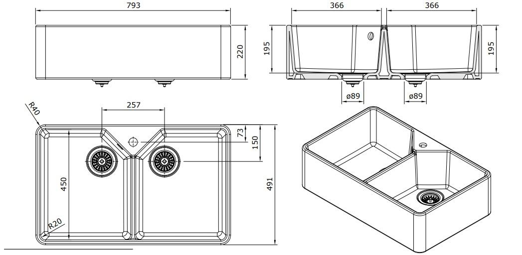 Ausmann Ceramic Mira Ceramic White Double Sink - Undermount and Drop-In 793 x 450 mm with Faucet Ledge 1208970550