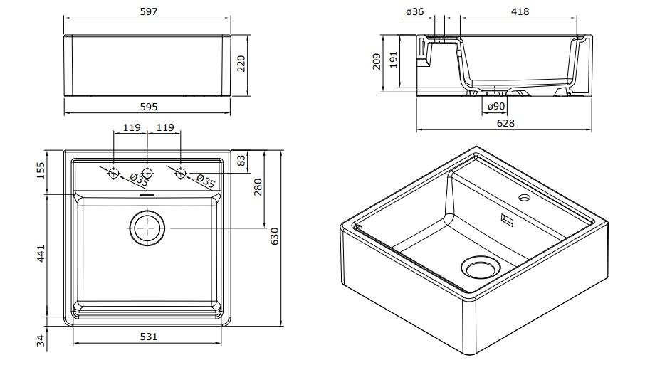 Ausmann Ceramic Panor Shade Ceramic White Butler Sink - Undermount and Intermediate Mount 630 x 597 mm with Tap Hole Platform and Gun Metal Plug 1208970551