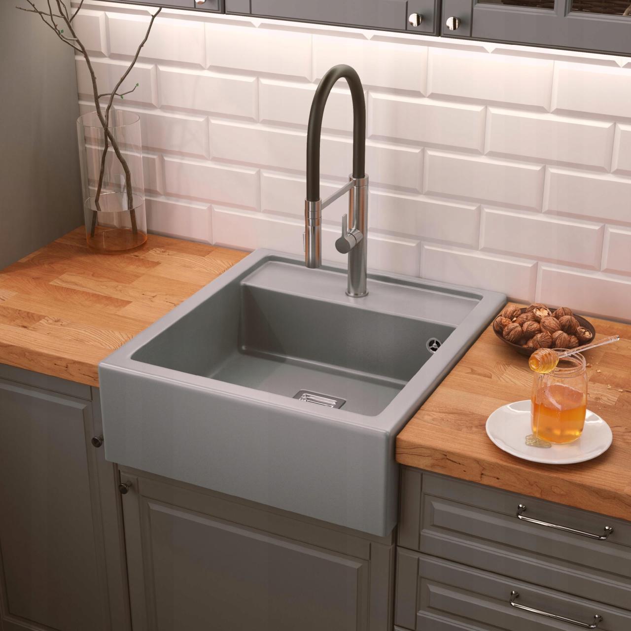 Translation: Graniteland Arno Granite Grey Built-in Sink 582x620mm with Stainless Steel Square Plug 1208970605