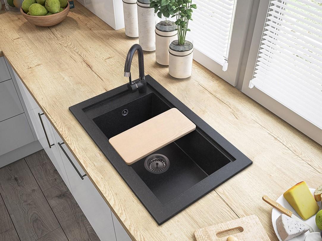 Graniteland Magra Granite black bluestone sink top mount 42x34 cm with tap hole bench and stainless steel plug 1208970615