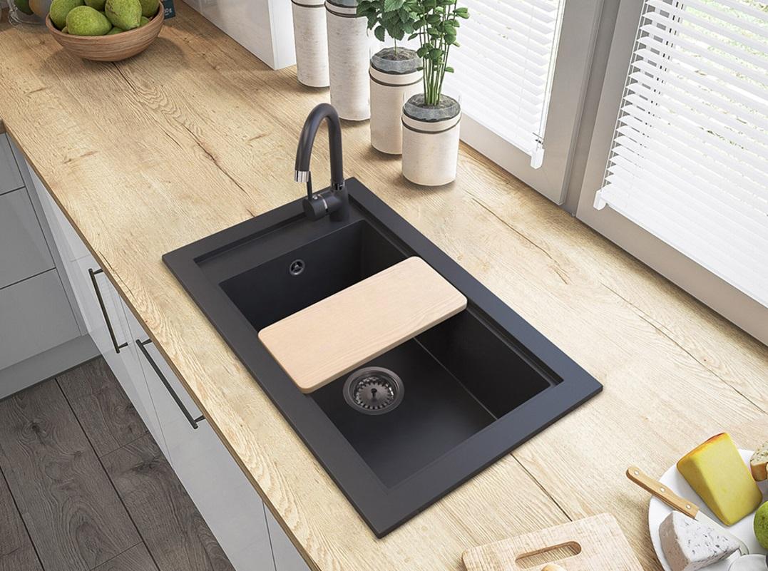 Translation: Graniteland Magra Granite Black Sink Top Mount 42x34 cm with Faucet Hole Deck and Stainless Steel Plug 1208970616