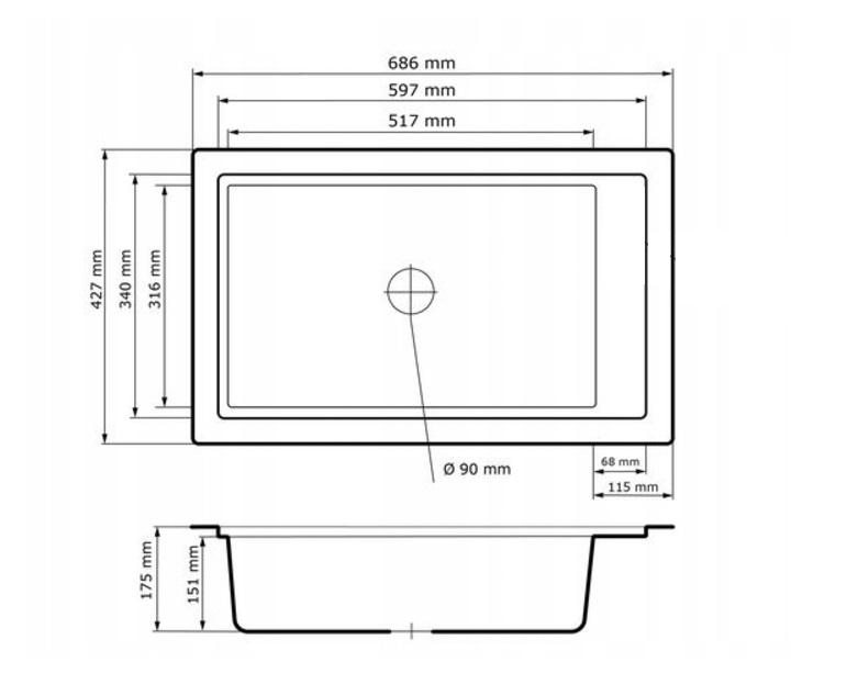 Graniteland Magra Granite Grey Sink Topmount 42x34 cm with faucet hole deck and Stainless Steel Plug 1208970618