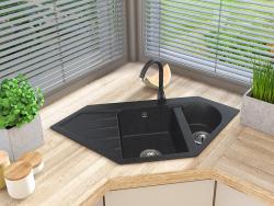 Here is the translation of the text to English: Graniteland Amiata Granite Black Bluestone Look Corner Sink Top Mount 965x496mm with Stainless Steel Plug 1208970620