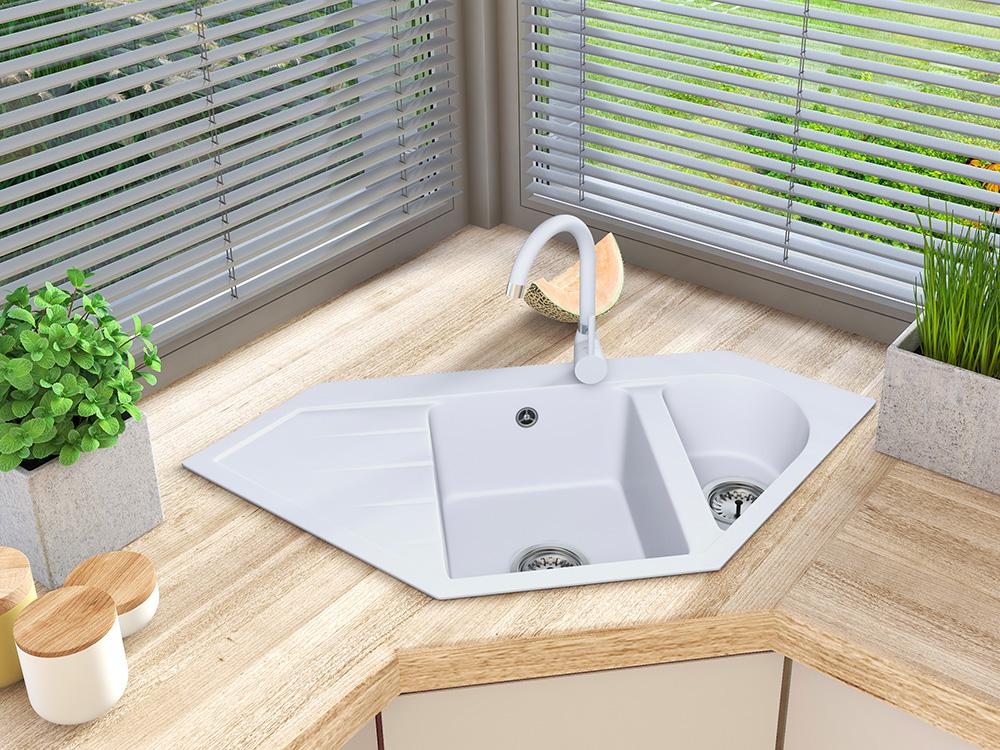 Graniteland Amiata Granite White Corner Sink Top Mount 965x496mm with Stainless Steel Plug 1208970622