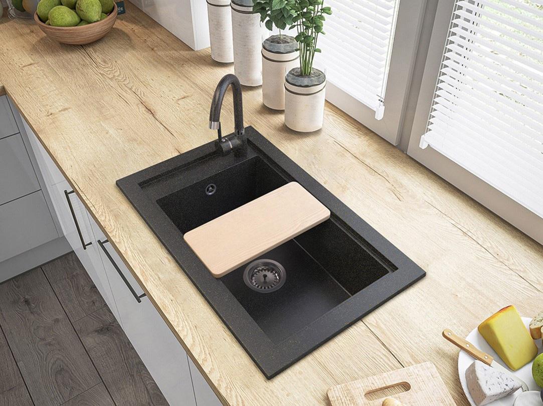 Graniteland Magra Granite Anthracite Gold Sink Top-Mount 42x34 cm with Tap Hole Platform and Stainless Steel Plug 1208970623