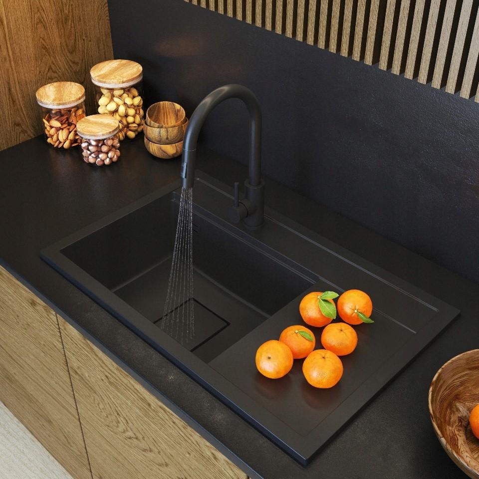 Graniteland Seta Granite Black Sink 810x505mm with Stainless Steel Square Plug 1208970624